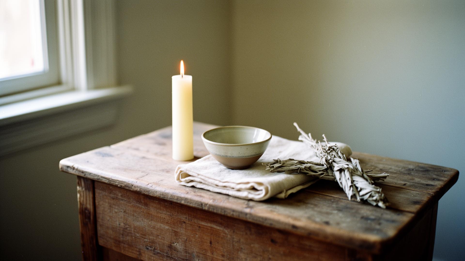 A simple wooden altar in soft daylight, beeswax candle, ceramic bowl, folded linen, and a sprig of dried sage.
